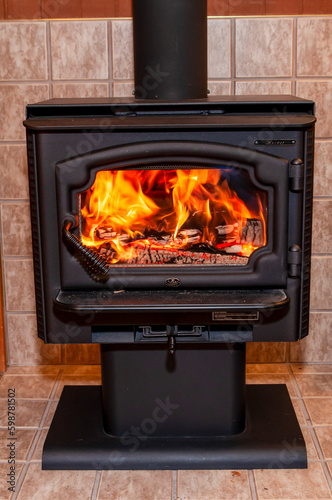 Fireplace with a roaring fire inside