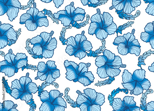 Hibiscus seamless illustration pattern, light blue, background image of tropical, Hawaii, tropical image, white background | Apparel, textile