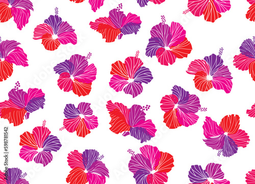 Seamless hibiscus illustration pattern, pink, background image of southern country and hawaii and tropical image, white background | Apparel, textile