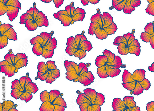 Seamless hibiscus illustration pattern, pink, background image of southern country and hawaii and tropical image, white background | Apparel, textile