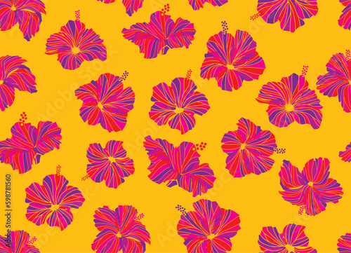 Seamless hibiscus illustration pattern, pink, background image of southern country and hawaii and tropical image, yellow background | Apparel, textile