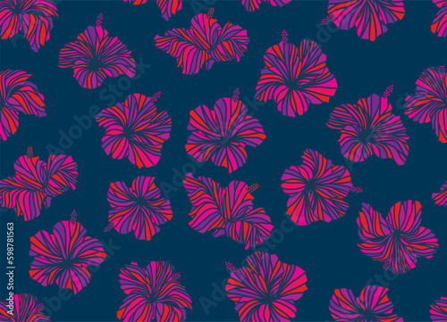 Seamless hibiscus illustration pattern, pink, background image of southern country and hawaii and tropical image, blue background | Apparel, textile