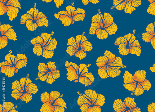 Seamless hibiscus illustration pattern, yellow, background image of southern country and hawaii and tropical image, blue background | Apparel, textile