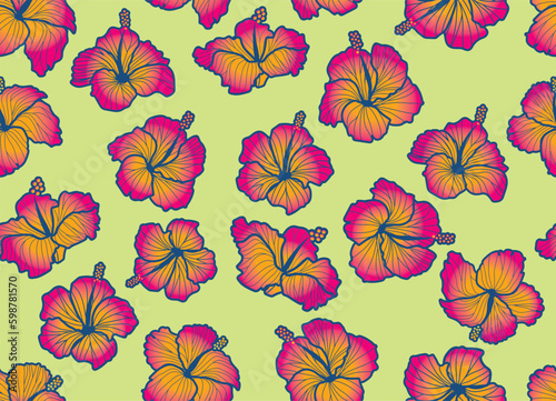 Seamless hibiscus illustration pattern, pink, background image of southern country and hawaii and tropical image, yellow background | Apparel, textile