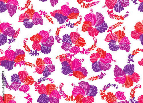 Seamless hibiscus illustration pattern, pink, background image of southern country and hawaii and tropical image, white background | Apparel, textile