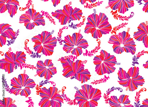 Seamless hibiscus illustration pattern, pink, background image of southern country and hawaii and tropical image, white background | Apparel, textile