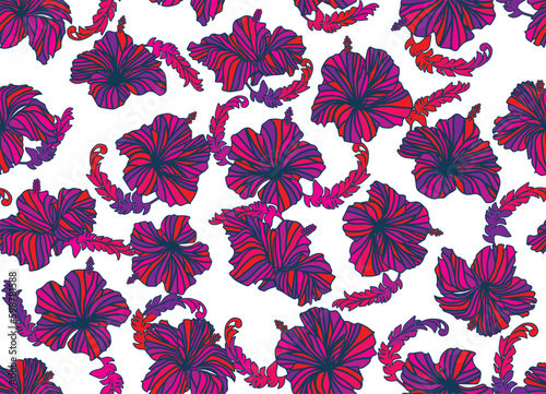 Seamless hibiscus illustration pattern, pink, background image of southern country and hawaii and tropical image, white background | Apparel, textile
