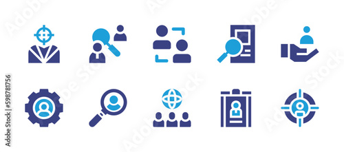 Hiring icon set. Duotone color. Vector illustration. Containing target, search, recruitment, hiring, hand, human resources, global, candidate, headhunting.