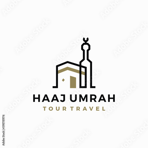 Kaaba Masjidil Haram Hajj Umrah Travel Tour Outline Logo Vector Icon Illustration