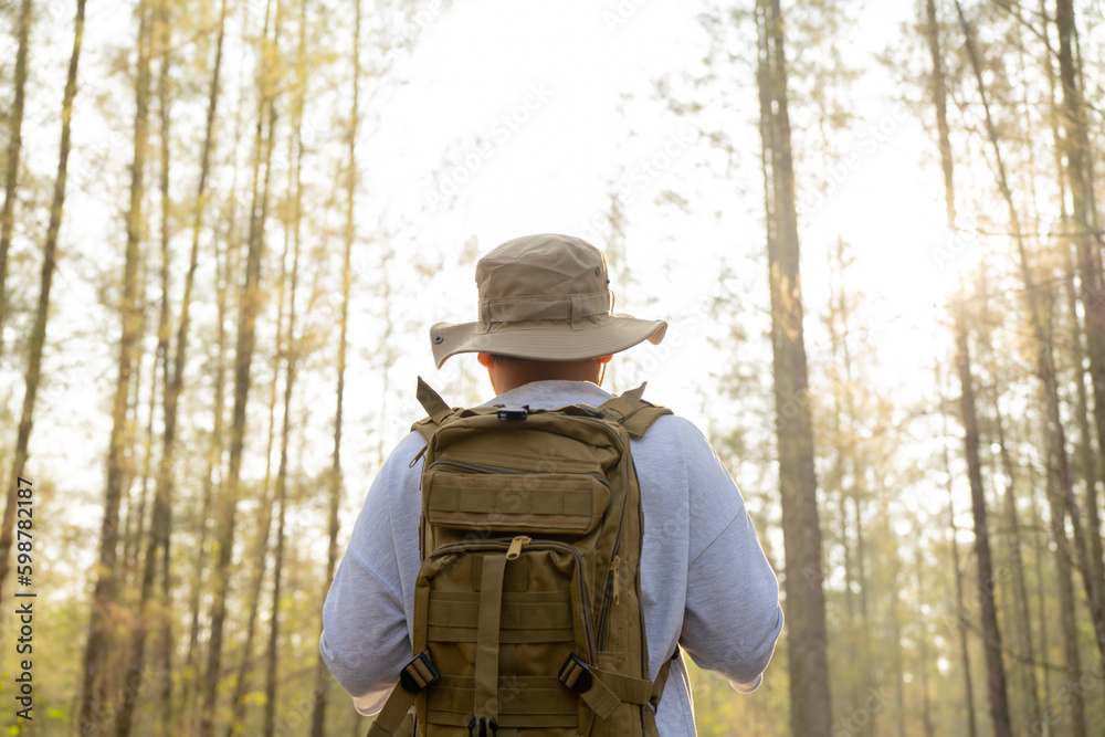 Young Asian man with a backpack and hat hiking in the mountains during the summer season, a traveler walking in the forest. Travel, adventure, and journey concept.