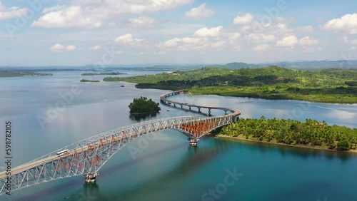 San Juanico Bridge, Philippines. Road bridge between the islands, top view. Summer and travel vacation concept. Generative AI photo