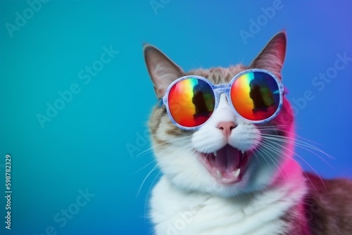 animal cute fashion colourful funny pet cat neon portrait sunglasses. Generative AI. Generative AI