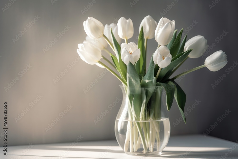 Bouquet of white tulips in vase on windowsill, generative Ai Bouquet of white tulips in vase on windowsill, generative Ai