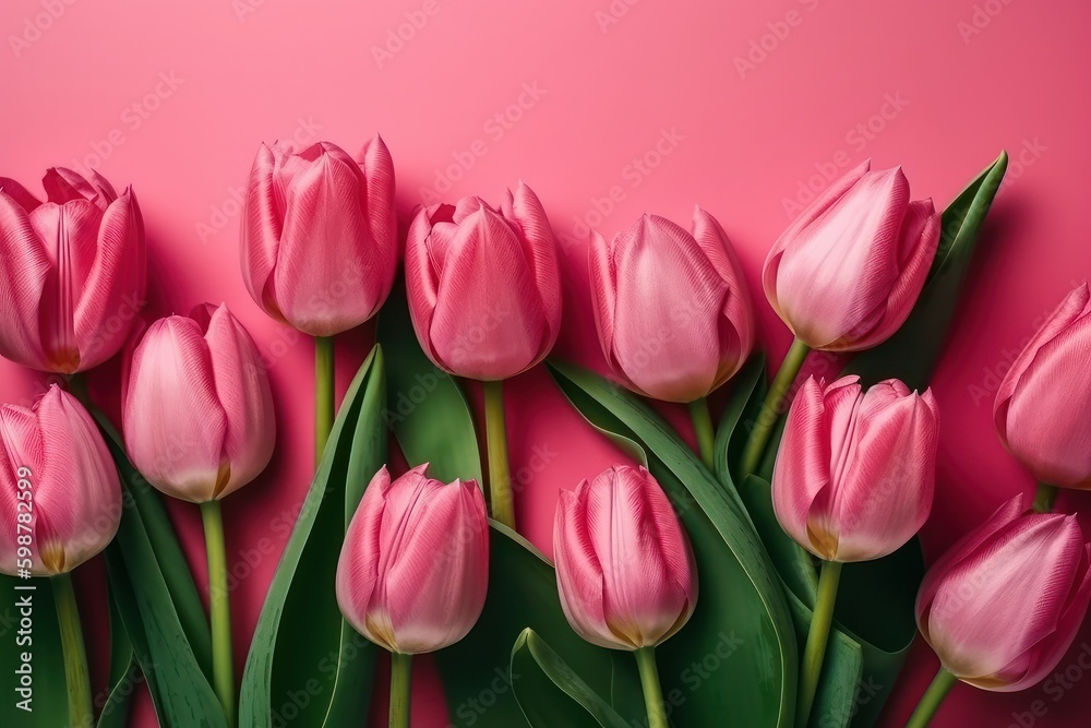 Beautiful tulips on color background, top view. Space for text, generative Ai Beautiful tulips on color background, top view. Space for text, generative Ai