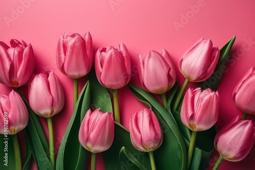 Beautiful tulips on color background  top view. Space for text  generative Ai
