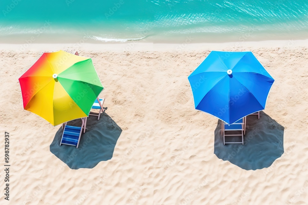 two vibrant colored Beach umbrella on the beach next to the ocean