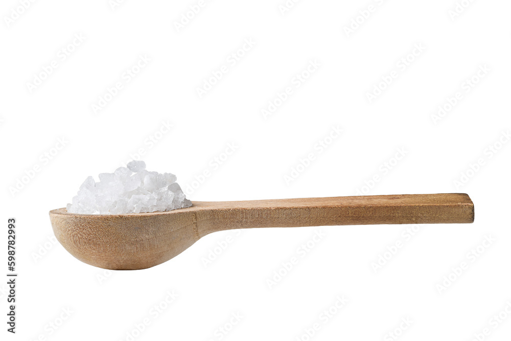 Coarse sea salt heap in a wooden spoon isolated cutout on transparent Coarse sea salt heap in a wooden spoon isolated cutout on transparent