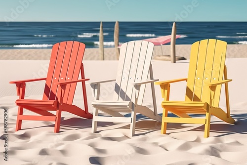 three wooden vintage chairs with vibrant colors on the beach © QuantumVisions