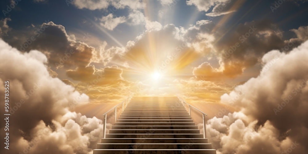 a stairway leading to a bright sky with clouds