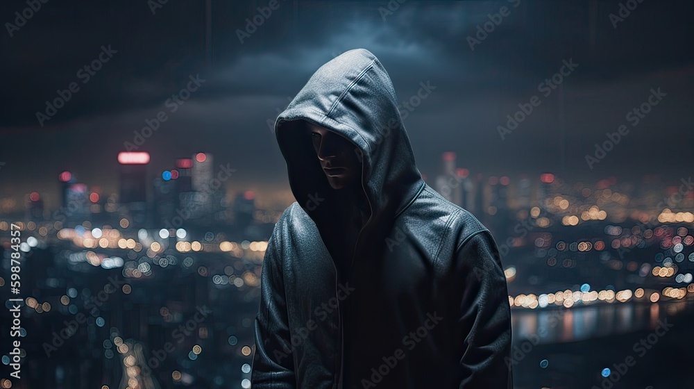 A faceless thief in unrecognizable hoodie standing in the middle of the night in front of the city concept. Generative Ai. A faceless thief in unrecognizable hoodie standing in the middle of the night in front of the city concept. Generative Ai.