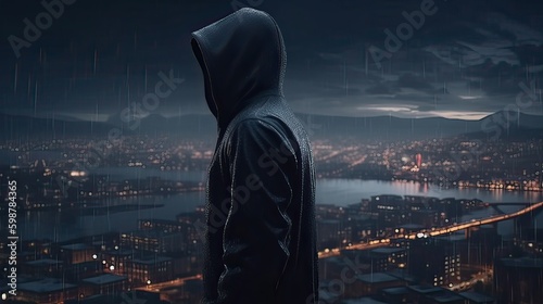 A faceless thief in unrecognizable hoodie standing in the middle of the night in front of the city concept. Generative Ai.