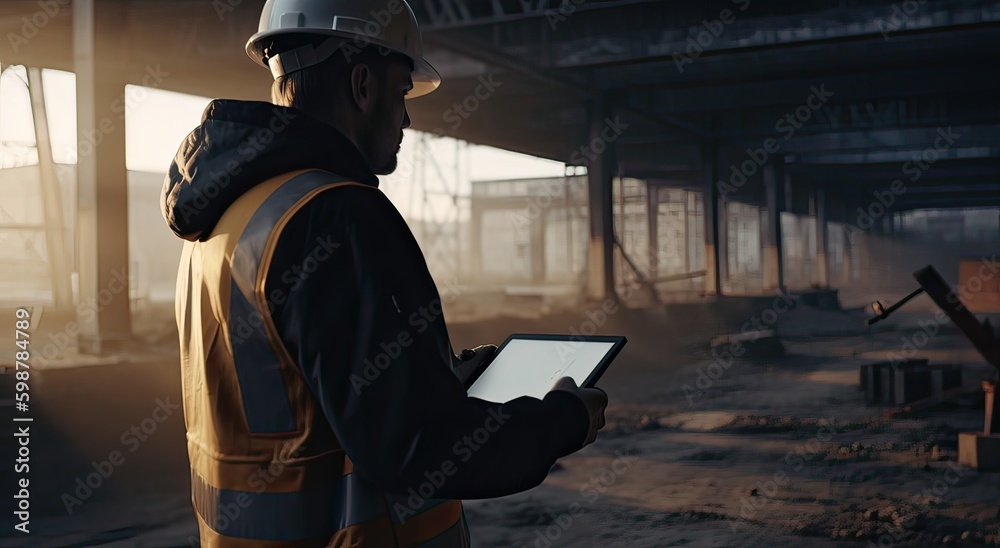 Construction concept. The construction worker head which is wearing the safety helmet and checking work at the construction site. Non-existent person. Generative Ai Construction concept. The construction worker head which is wearing the safety helmet and checking work at the construction site. Non-existent person. Generative Ai