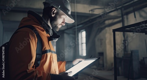 Construction concept. The construction worker head which is wearing the safety helmet and checking work at the construction site. Non-existent person. Generative Ai