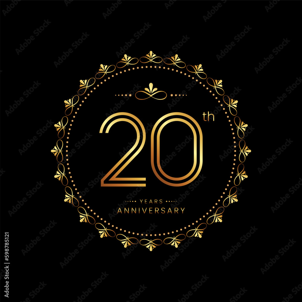 Fototapeta premium 20th anniversary logo with golden number for celebration event, invitation, wedding, greeting card, banner, poster, flyer. Ornament vector design