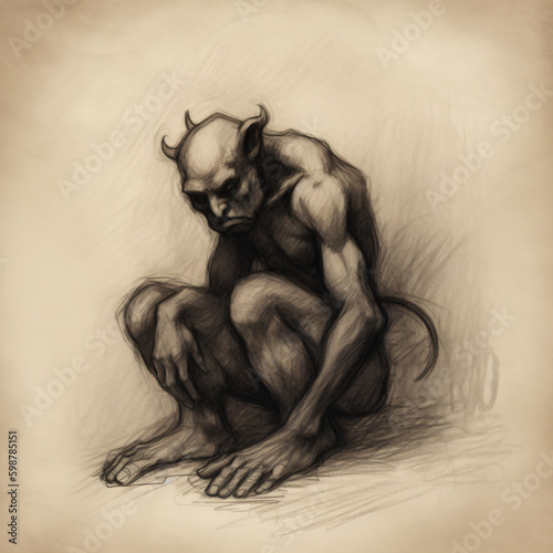 A drawing of a demon sitting on the ground Generative Ai