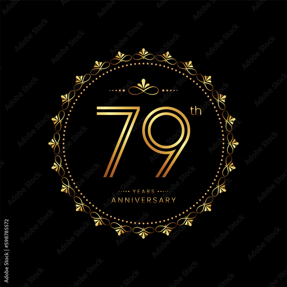 Naklejka premium 79th anniversary logo with golden number for celebration event, invitation, wedding, greeting card, banner, poster, flyer. Ornament vector design