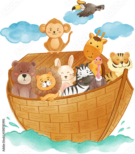 Noah ark with many wildlife animals . Watercolor painting . photo