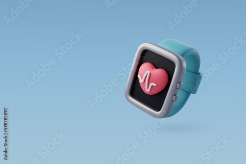 3d Vector Smart watch with red heart, Fitness bracelet, Sport equipment, Gym time concept.