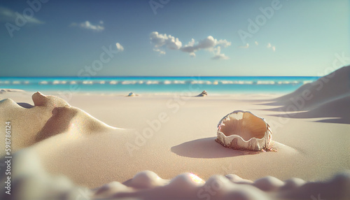 a seashell on a sandy beach near the ocean water. © slonme