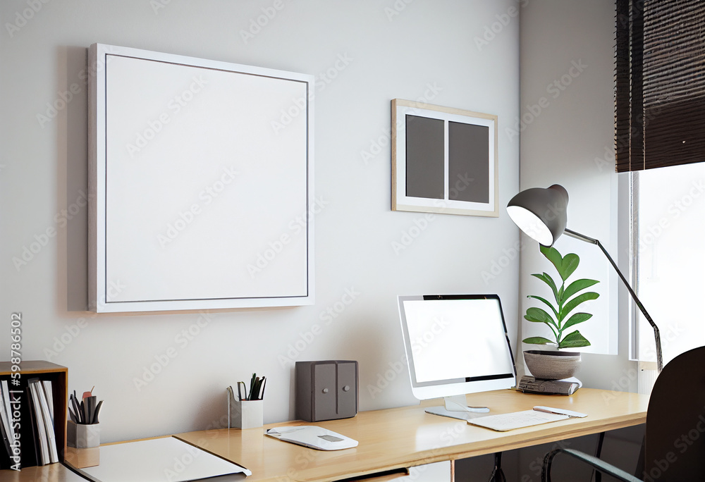 Office interior with Mock up poster on wall, workplace. 3d rendering Office interior with Mock up poster on wall, workplace. 3d rendering