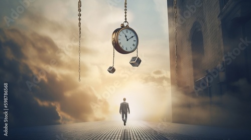 A man is walking on an empty road towards the endless horizon of the sky, with a huge clock suspended over his head. Emphasizing the importance of time and the concept of time travel. AI generative photo