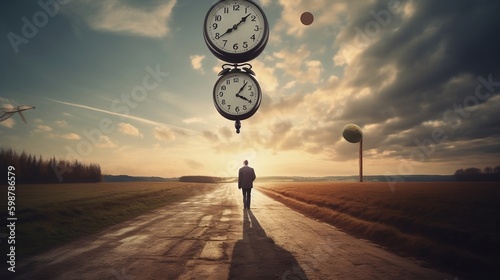 A man is walking on an empty road towards the endless horizon of the sky, with a giant clock suspended over his head. Emphasizing the importance of time and the concept of time travel. AI generative