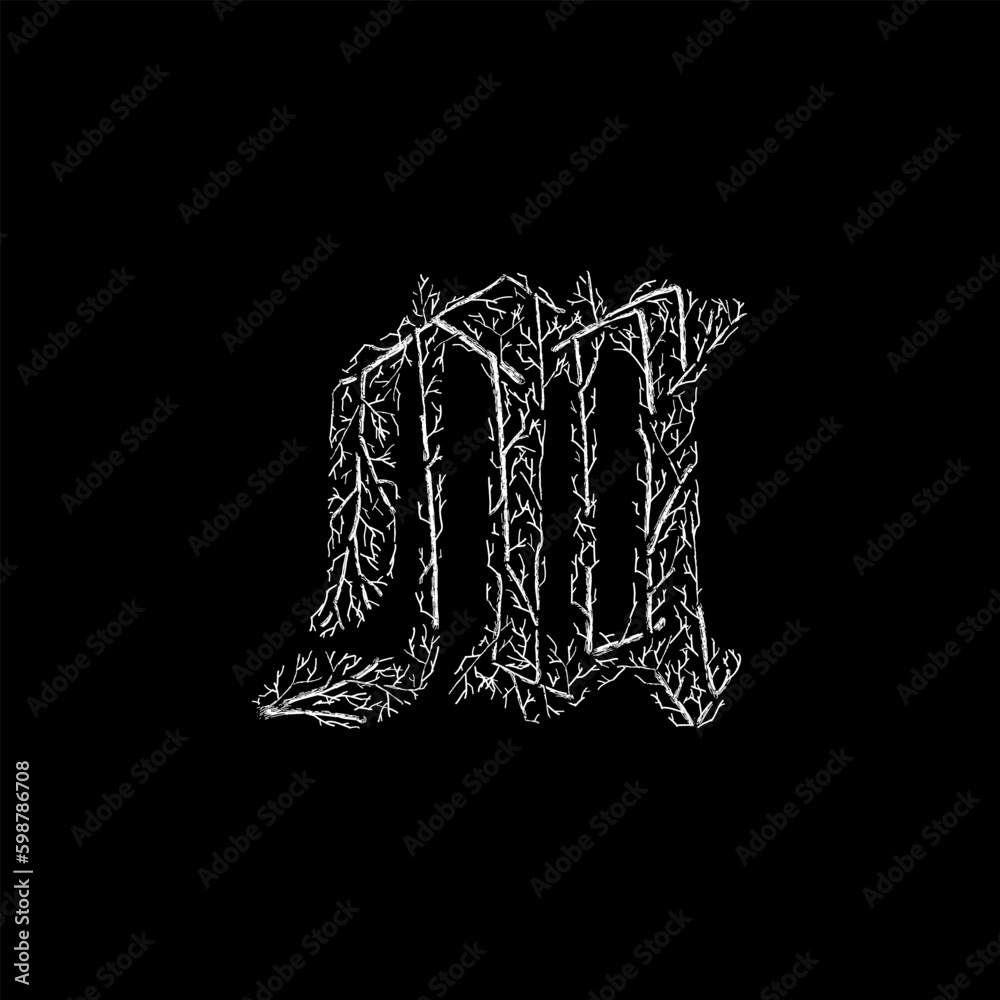 letter M branches hand drawing vector isolated on black background ...