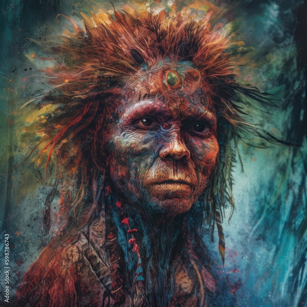 Fototapeta premium Surreal AI art portrays a transcendent figure, enveloped in vivid psychedelic hues, evoking a mystical, dreamlike dimension.
