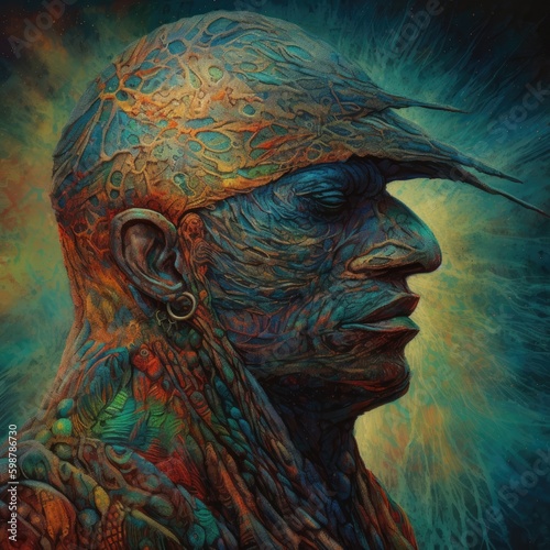 Surreal AI art portrays a transcendent figure, enveloped in vivid psychedelic hues, evoking a mystical, dreamlike dimension.