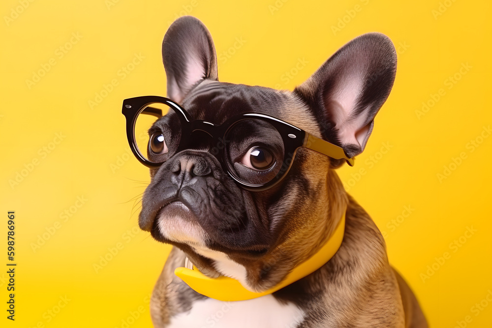 french bulldog wearing a glasses in studio with yellow background generative ai