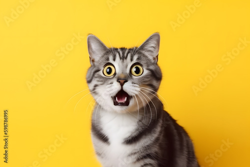 A Shocked cute small cat with yellow eyes facing camera open mouth, Shocked cat, Portrait of Cat, Worried Cat created with generative ai
