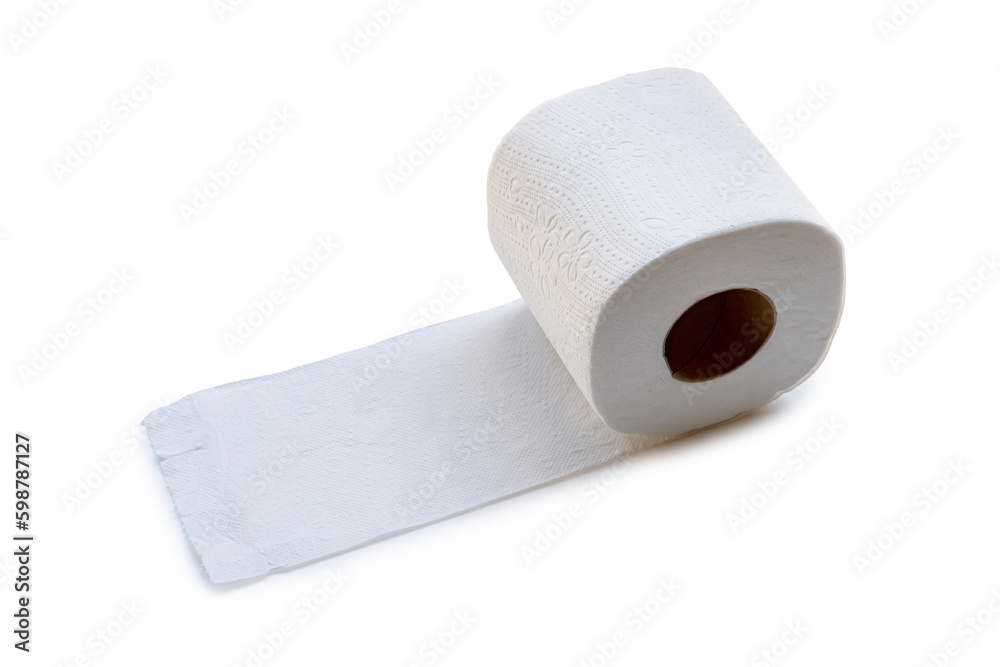Obraz premium Single roll of white tissue paper or napkin prepared for use in toilet or restroom isolated on white background with clipping path