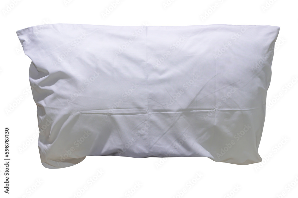 White pillow with case after guest's use at hotel or resort room isolated on white background with clipping path, Concept of comfortable and happy sleep in daily life in png format