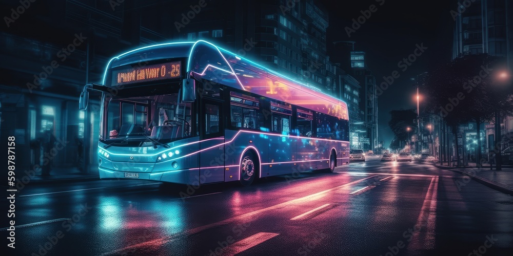 Bus driving on the road at night with glowing neon lights motion blur background. Generative Ai