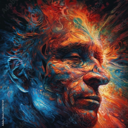 Surreal AI art portrays a transcendent figure, enveloped in vivid psychedelic hues, evoking a mystical, dreamlike dimension.