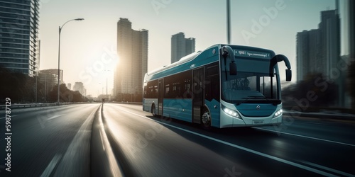 Bus driving on the road with cityscape motion blur background. Traveling and transportation. Generative Ai © CYBERUSS