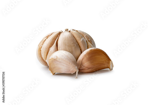 Single fresh white garlic bulb with segments isolated on white background with clipping path, Thai herb great for healing several severe diseases, heart attack in png file format