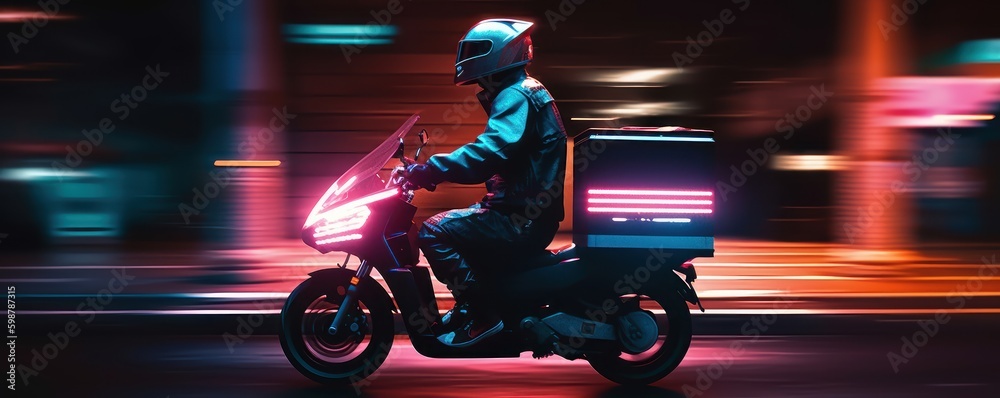 Delivery man ride scooter motorcycle at night with neon lights, Motion blur cityscape background. Generative AI