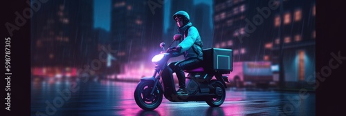 Delivery man ride scooter motorcycle at night with neon lights  Motion blur cityscape background. Generative AI
