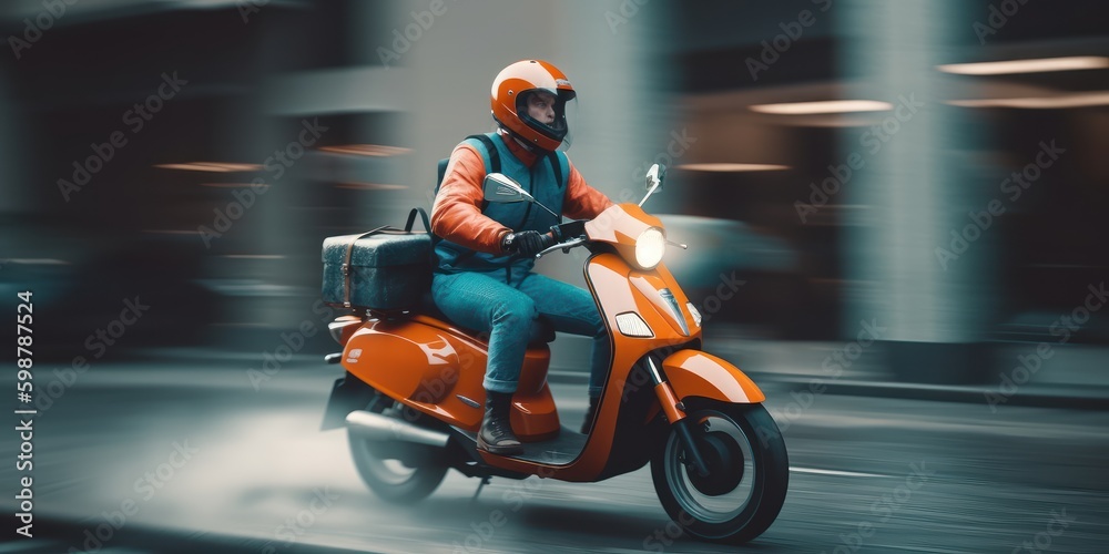Obraz premium Delivery man ride scooter motorcycle with motion blur cityscape background. Generative AI